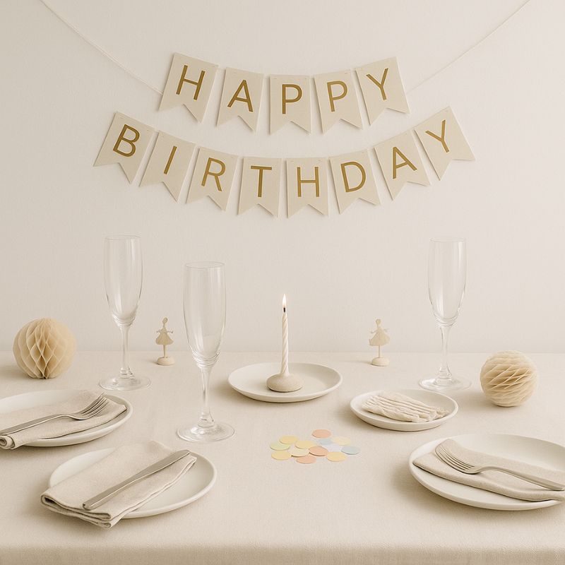 A birthday party tablescape with cream sign saying "Happy Birthday"