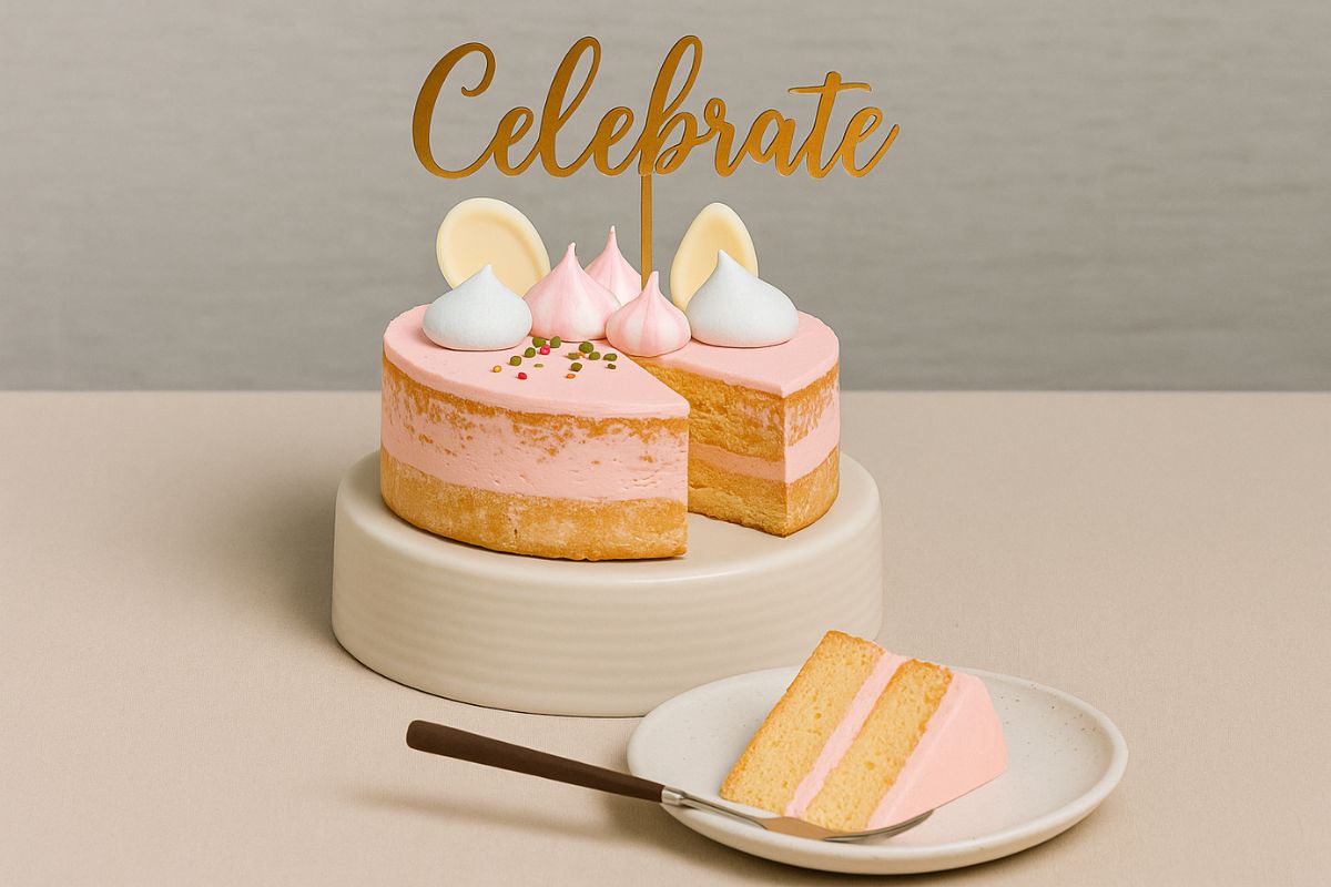 Raspberry Milkshake Vanilla Mudcake as a celebration cake with meringue and white chocolate decorations and topper : served with a slice on a handmade plate — perfect for Brisbane cake delivery and gifting.