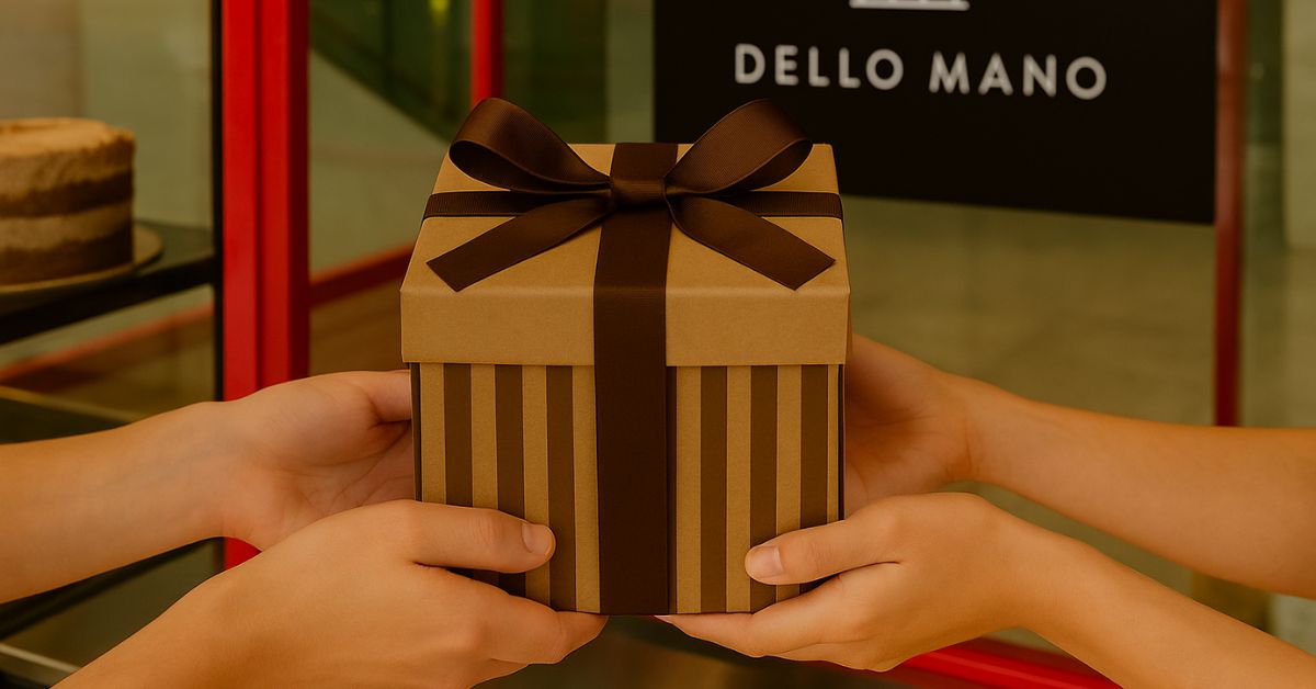 Dello Mano striped gift box prepared for cake delivery in Brisbane