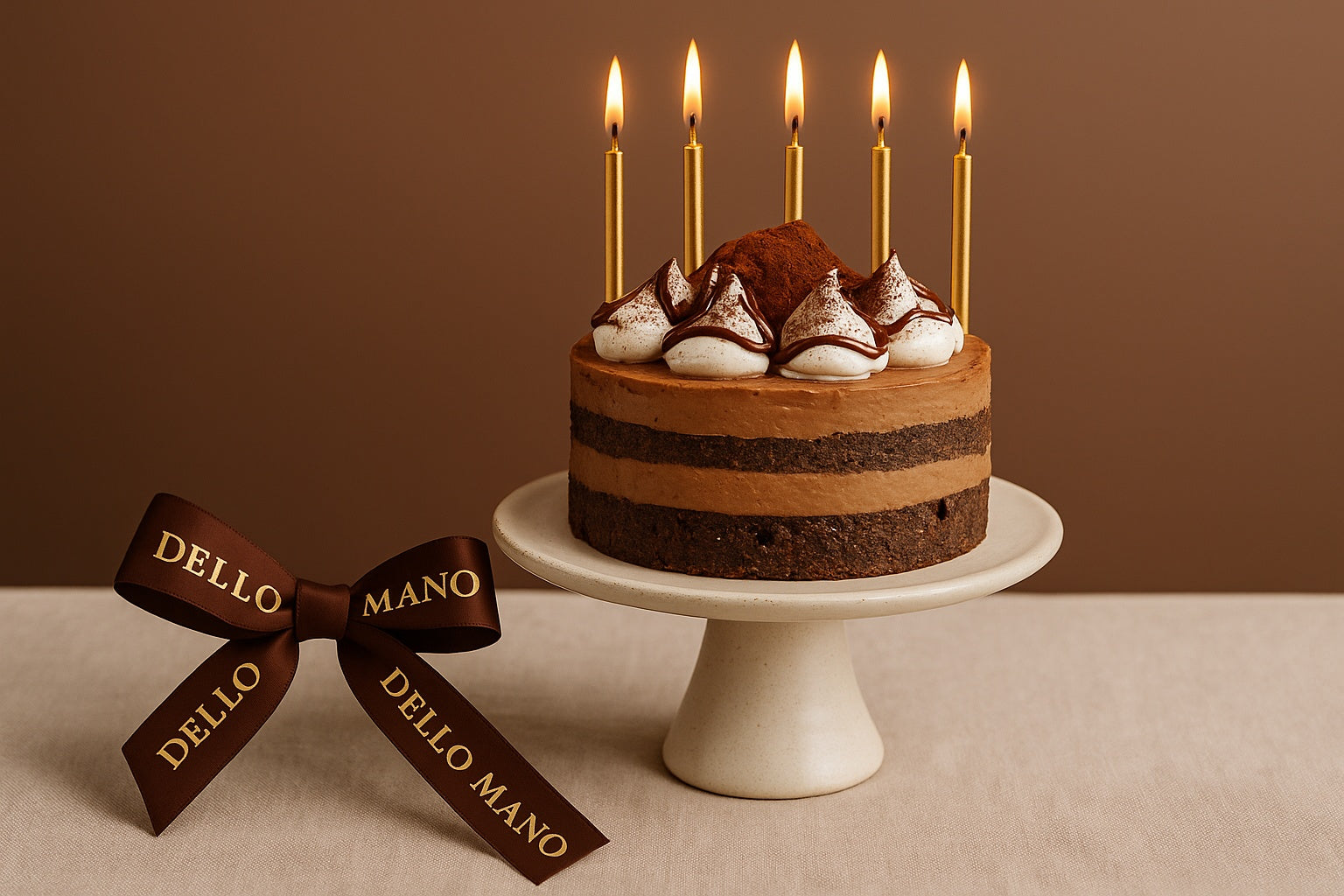 Handmade chocolate mudcake on a white stand with gold candles and Dello Mano ribbon – available now in Brisbane for same-day pickup.