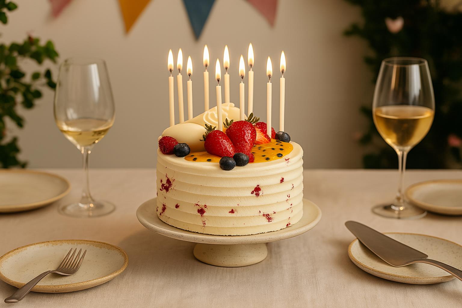 A handmade birthday cake by Dello Mano with candles, fresh fruit and wine glasses
