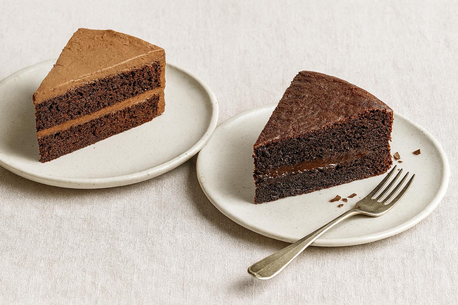 Chocolate mudcake and chocolate cake slices on a beige stand, showcasing rich layers and smooth frosting – handmade chocolate cakes Brisbane, Gold Coast & Sunshine Coast.