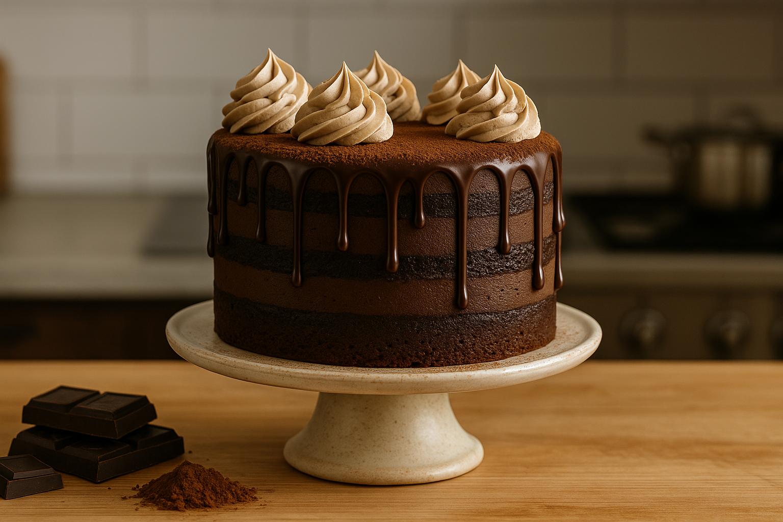 Handmade chocolate mudcake with glossy ganache drip and piped cream swirls, displayed on a ceramic cake stand in a warm kitchen setting with chocolate pieces and cocoa powder