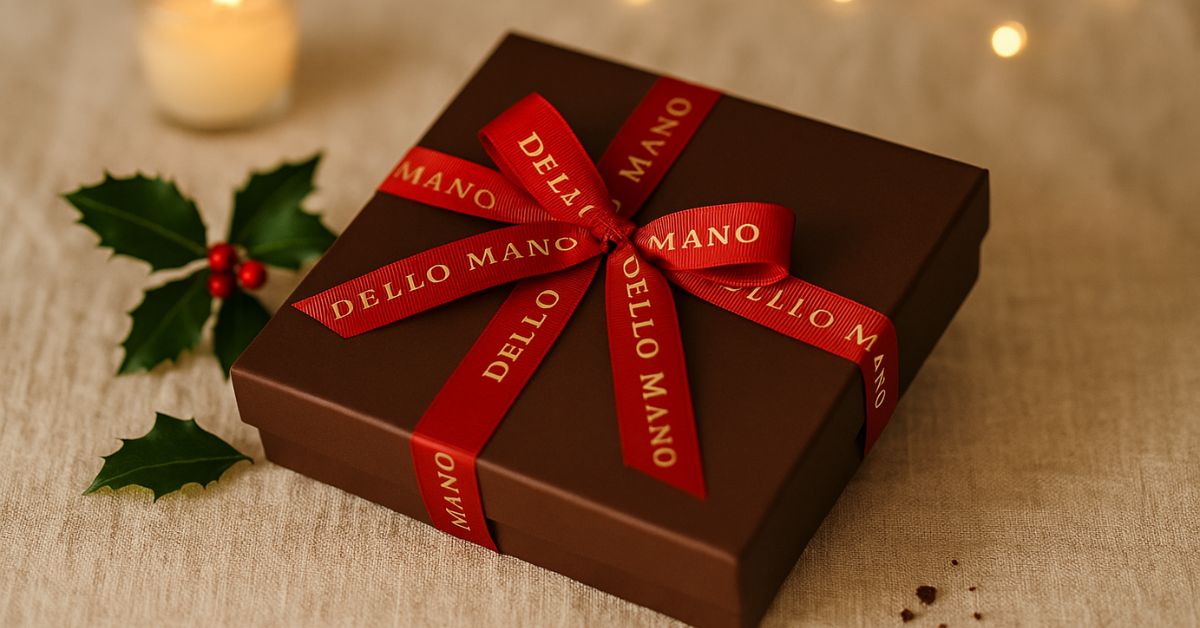 Dello Mano handmade Christmas brownie gift box wrapped in red grosgrain ribbon with gold lettering, resting on a linen table beside holly leaves and a softly glowing candle — a symbol of handmade luxury from Brisbane