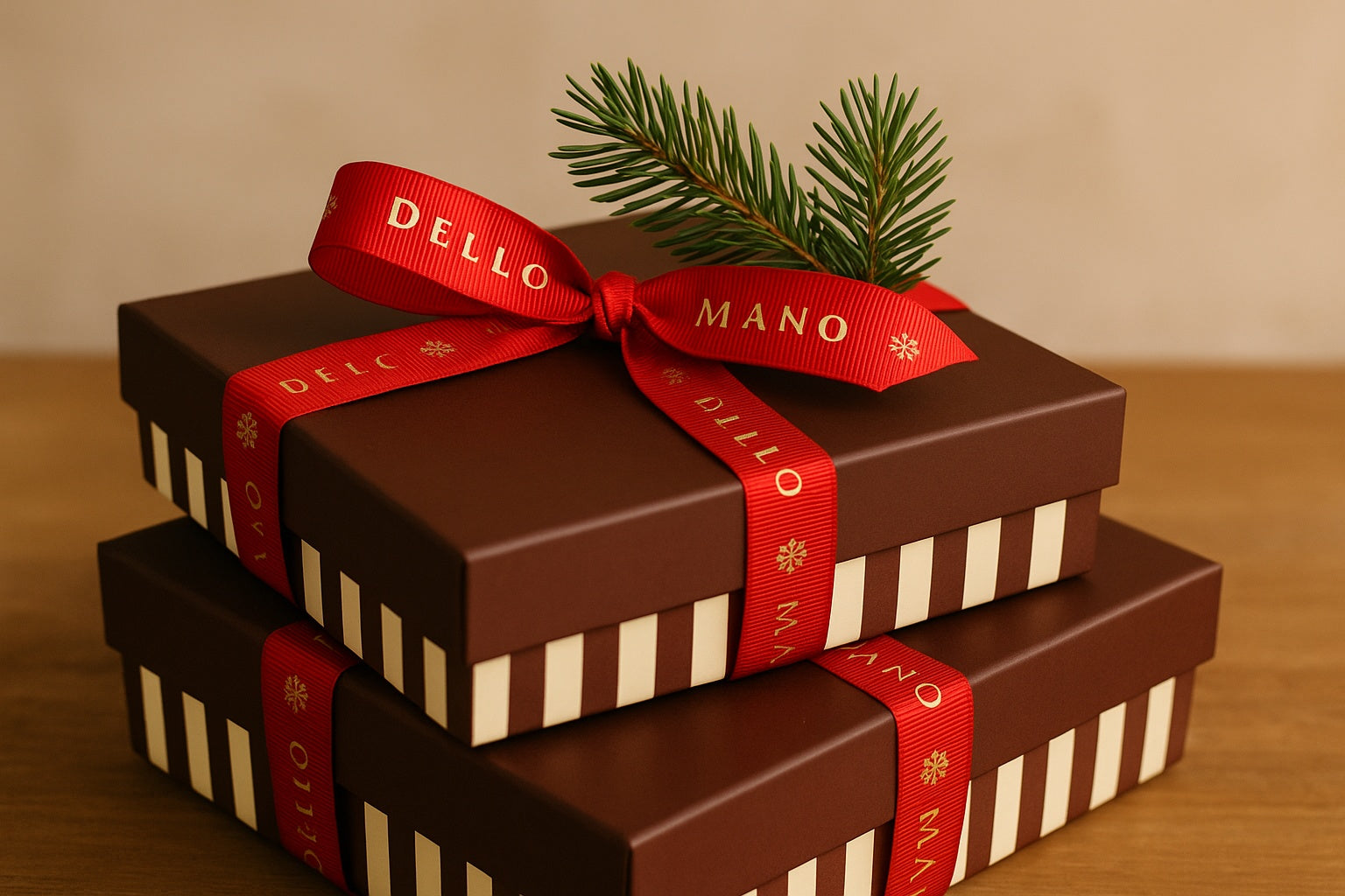 Dello Mano handmade luxury Christmas gifts – two chocolate brown striped gift boxes tied with red grosgrain ribbon and a pine sprig, crafted in Brisbane, Australia.