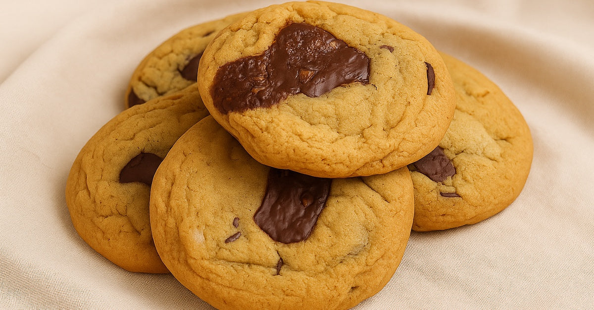 Handmade chocolate chunk cookies stacked on soft beige linen, crafted in small batches for Australia-wide delivery.