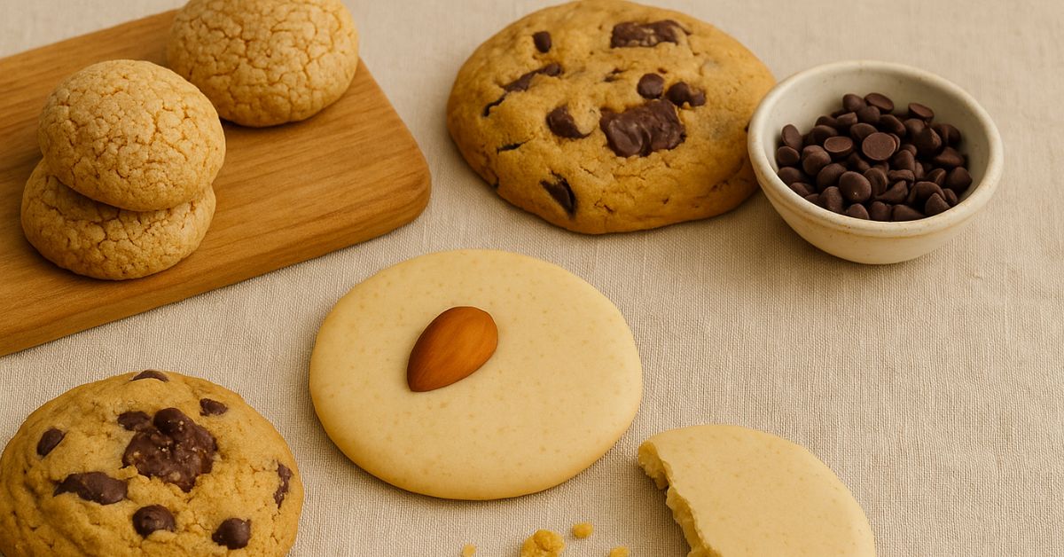 Assorted handmade cookies including Italian almond cookies and chocolate chunk cookies arranged on a soft linen backdrop, crafted in small batches by a Brisbane cookie shop.