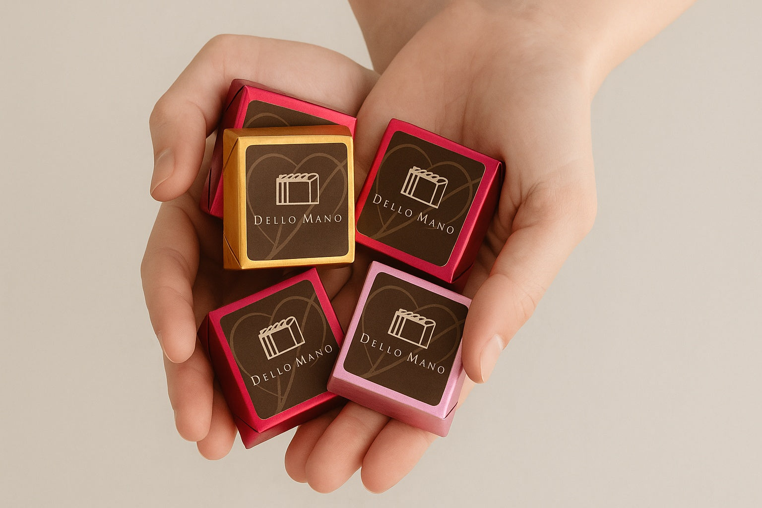 Hands gently holding four colourful Dello Mano brownie cubes in metallic foils — gold, pink, and red — with branded labels, against a soft beige background.