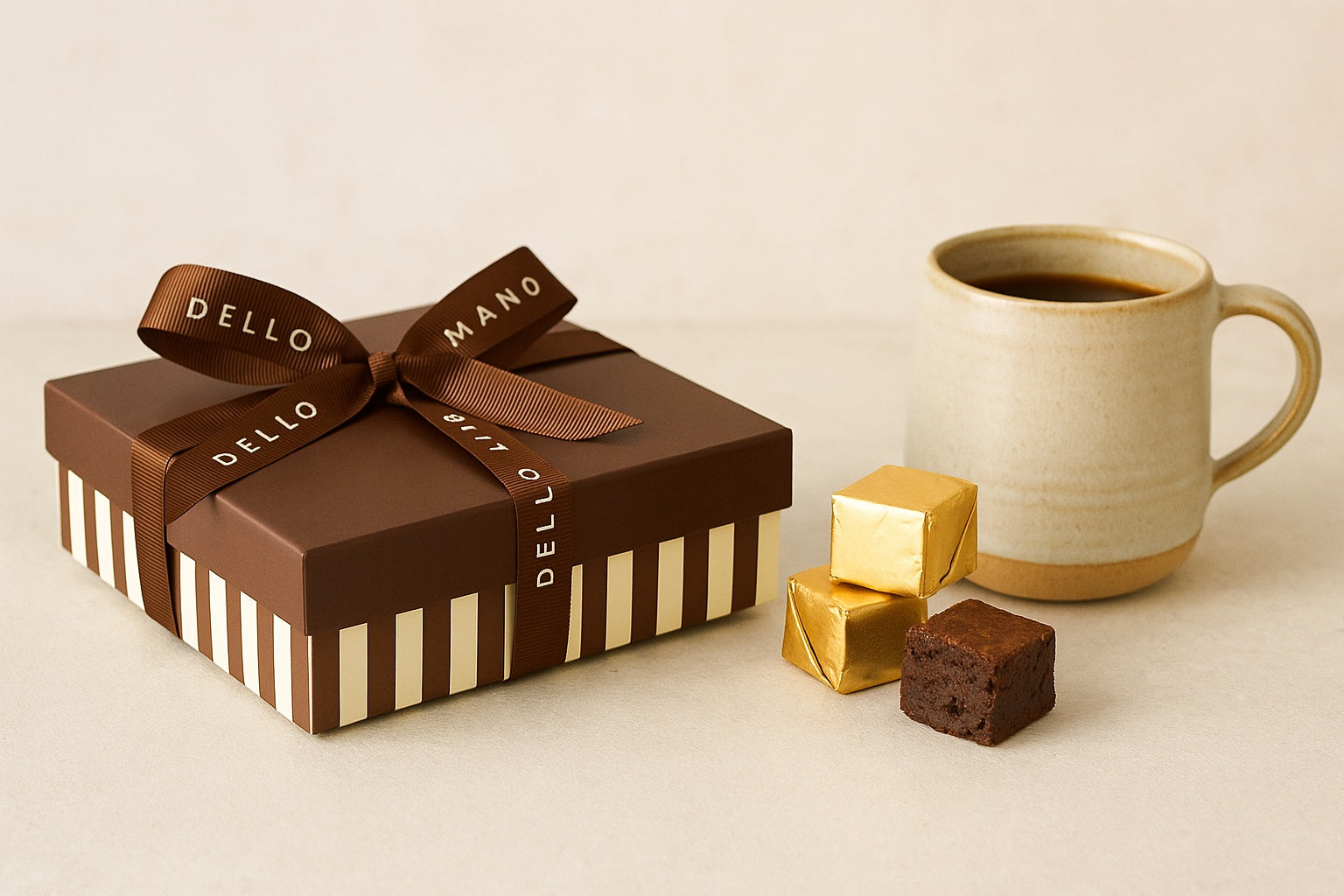 Dello Mano gift box tied with branded ribbon, beside a handmade ceramic mug and gold-wrapped brownie cubes on a linen surface.