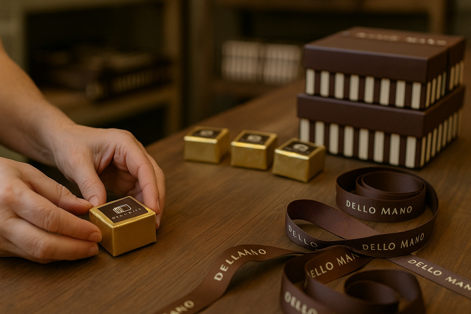 Inside Dello Mano West End Brisbane kitchen store with artisans wrapping gold-foiled brownies by hand, striped gift boxes and ribbon ready, the best brownies Brisbane for food lovers.