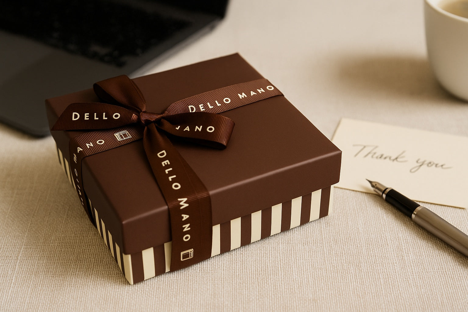 Dello Mano corporate gift box with brown ribbon and thank-you card — handmade luxury corporate gifts Australia-wide.