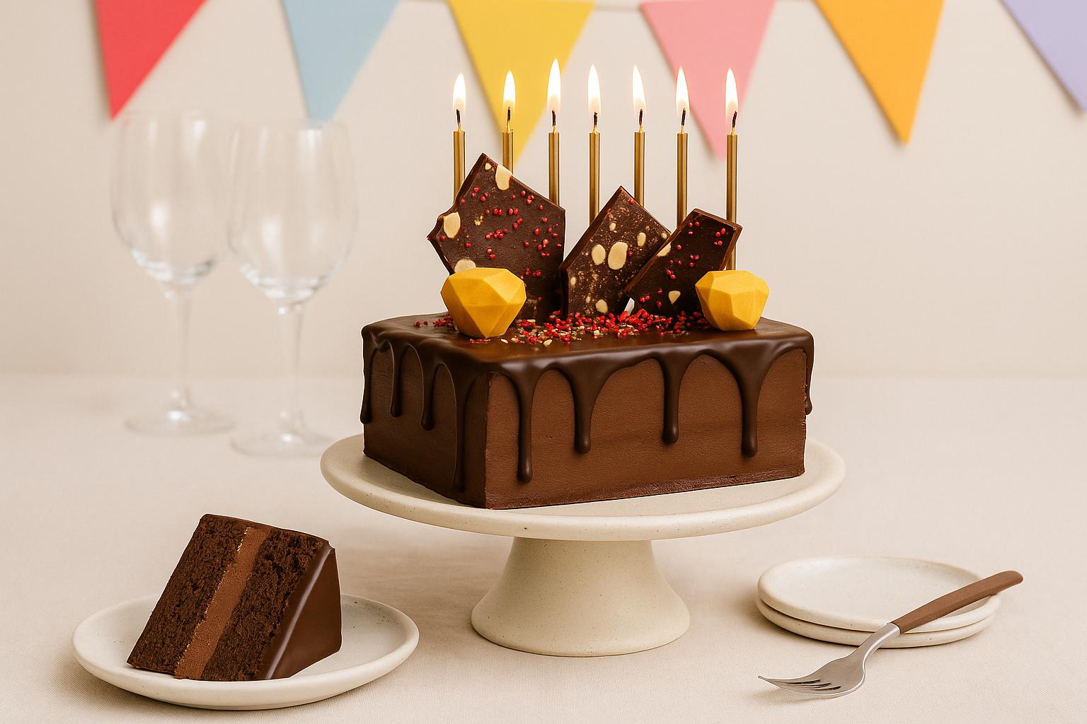 Chocolate brownie birthday cake with raspberries and gold candles, perfect for Gold Coast cake delivery.