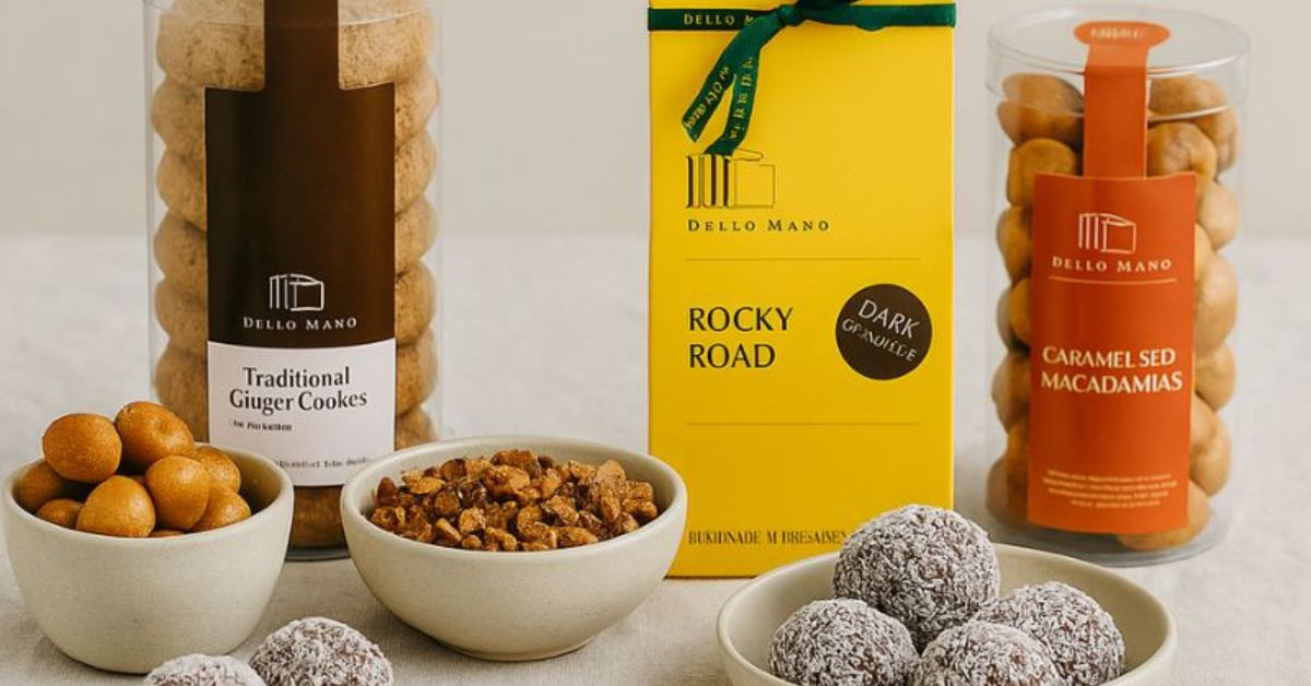 Sustainable handmade hamper treats from Dello Mano – Traditional Ginger Cookies, Rocky Road, Caramelised Macadamias, and Luxury Rum Balls presented for thoughtful gifting