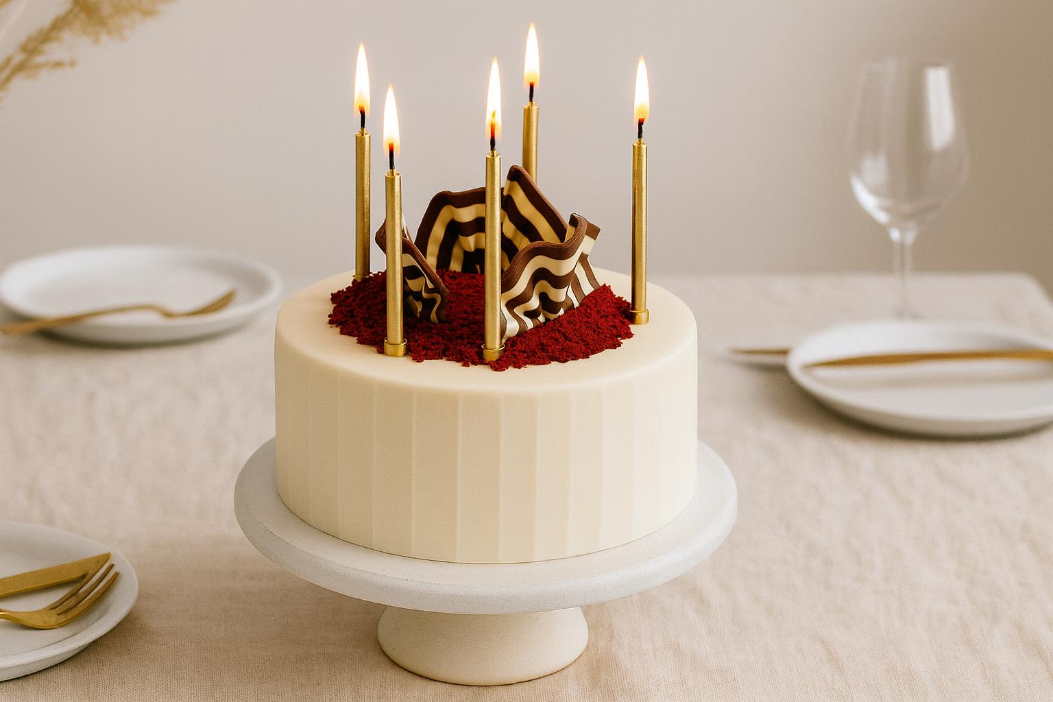 Red Velvet Birthday Cake Brisbane displayed on a linen-covered table with lit gold candles and striped chocolate fan, handmade luxury celebration cake by Dello Mano.