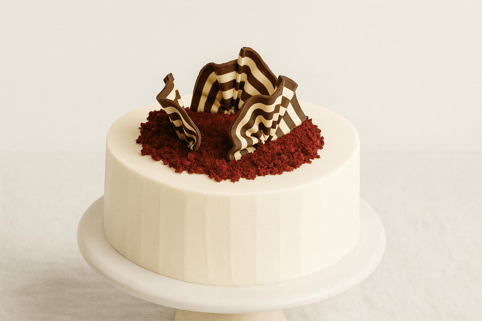 Luxury handmade red velvet cake with cream cheese frosting and chocolate fans on an elegant stand — crafted in small batches in Brisbane.