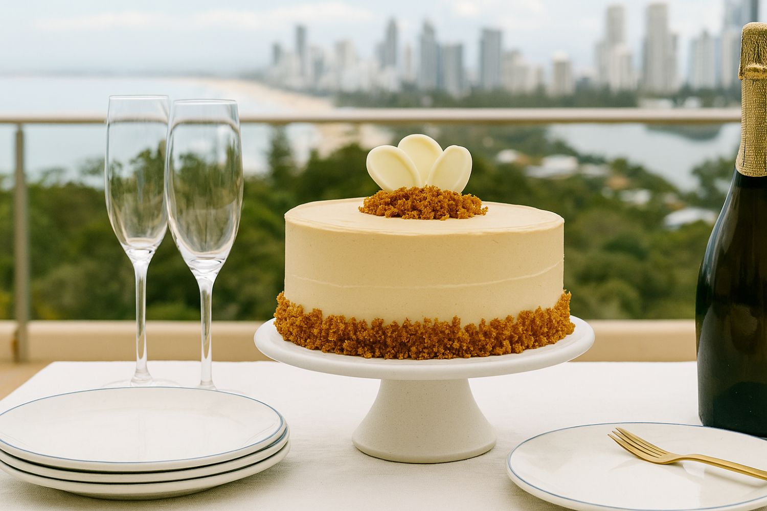 Handmade salted caramel mudcake with white chocolate petals on a white cake stand, set on a balcony with champagne glasses, plates, and Gold Coast skyline in the background.