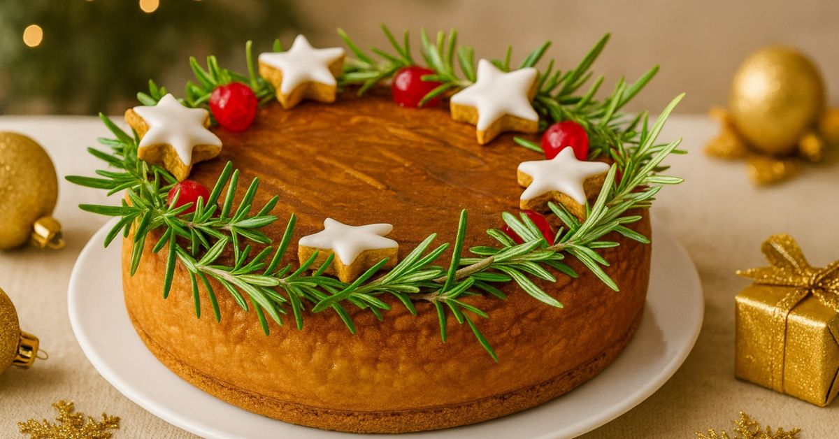 “Handmade Starstruck Gingerbread Christmas Cheesecake decorated with gingerbread stars, rosemary and gold festive elements on a calm Christmas table.