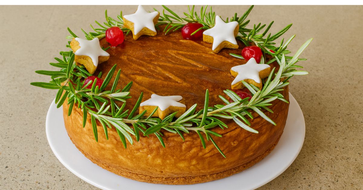 Handmade Gingerbread Starstruck Christmas cake decorated with rosemary, gingerbread stars and cherries, crafted by Dello Mano in Brisbane.