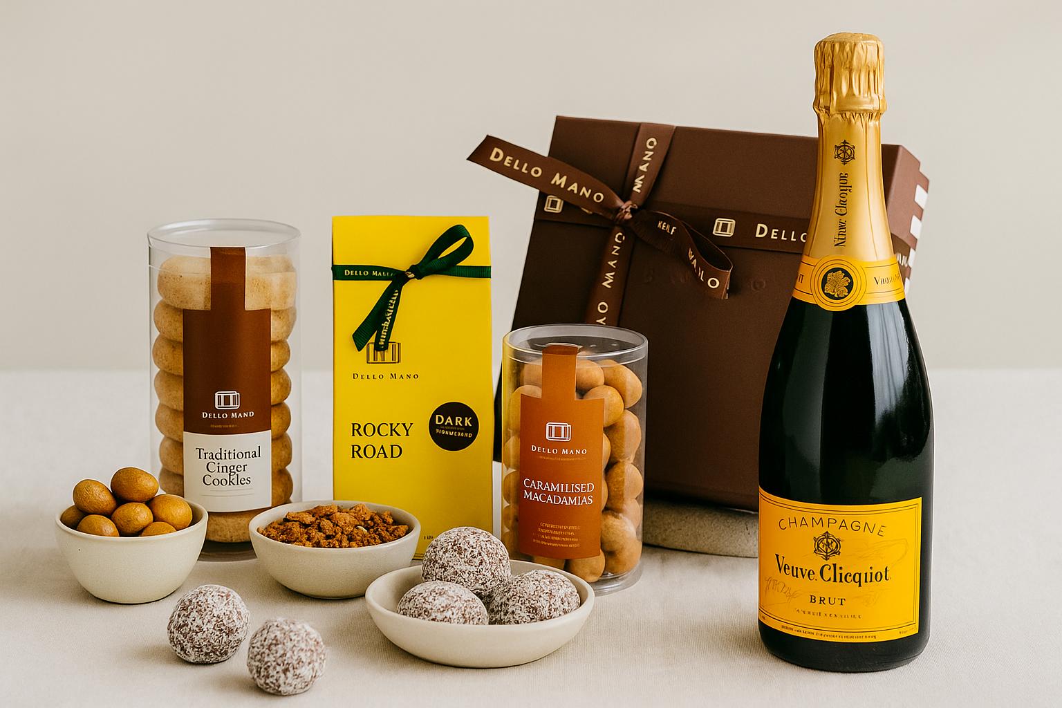 Dello Mano handmade gourmet gift items with brownies, champagne, cookies, and sweets on a linen table, styled for premium Gold Coast hamper gifting.