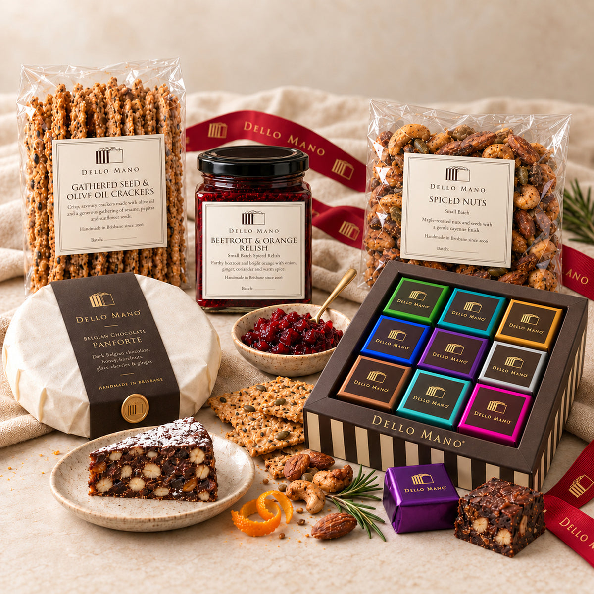 Dello Mano Christmas Celebration Hamper with nine mixed brownies, panforte, beetroot and orange relish, seed crackers and spiced nuts.