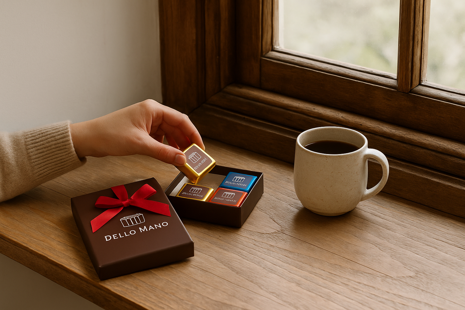 Hand reaching for a Dello Mano Luxury Brownie™ from a 4-piece gift box, with a handmade ceramic coffee cup on a rustic wooden table beside a large wooden window.
