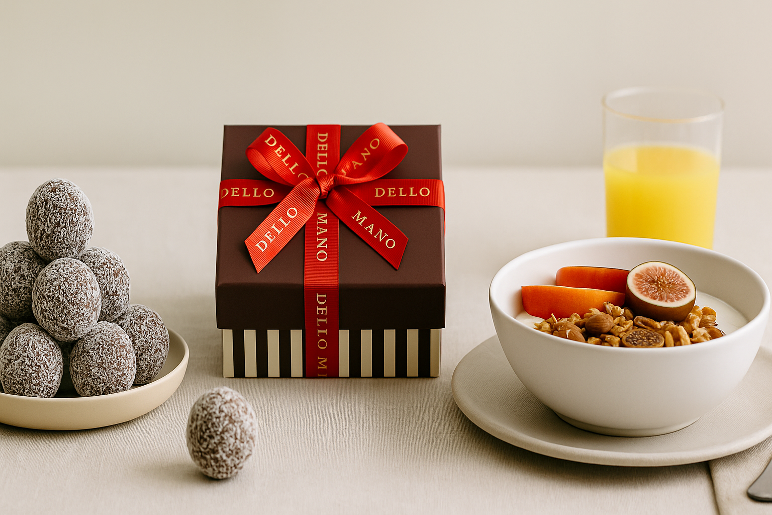 A festive Christmas tablescape featuring a stack of handmade chocolate rum balls coated in coconut, a rustic handmade bowl of fig and almond granola with fresh fruit, and an elegant square Dello Mano gift box tied with a red ribbon. Styled with natural linen and warm tones.