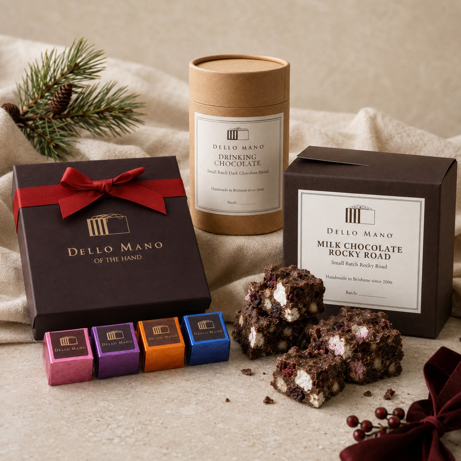 Dello Mano corporate Christmas chocolate gifts with drinking chocolate, Rocky Road and a four-piece gift box