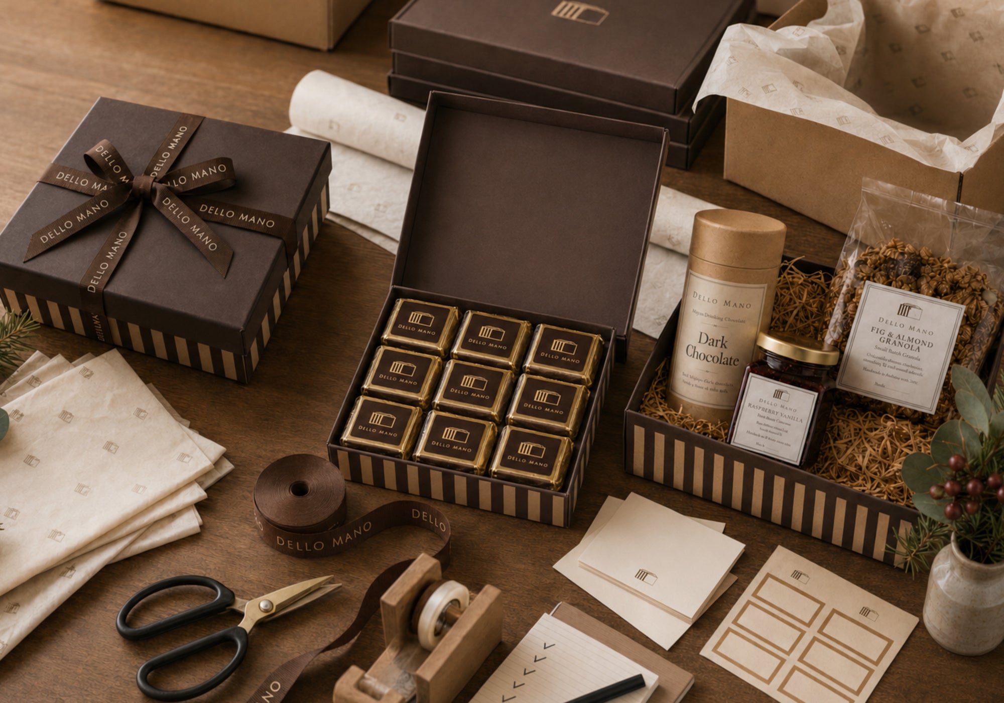 Dello Mano corporate Christmas gifts being packed with a nine-piece brownie box, handmade food, ribbon, tissue and gift cards.