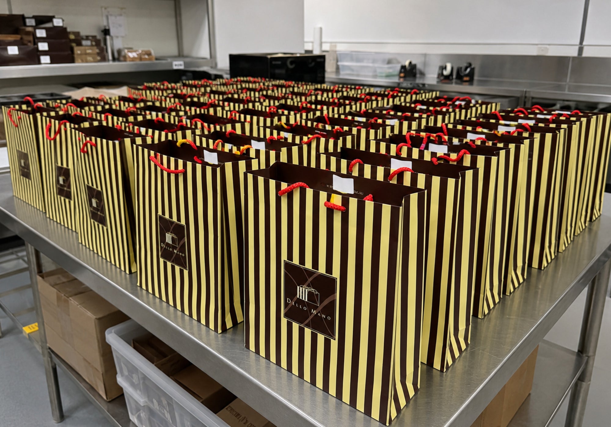 Large Dello Mano corporate gift order organised on a commercial dispatch bench