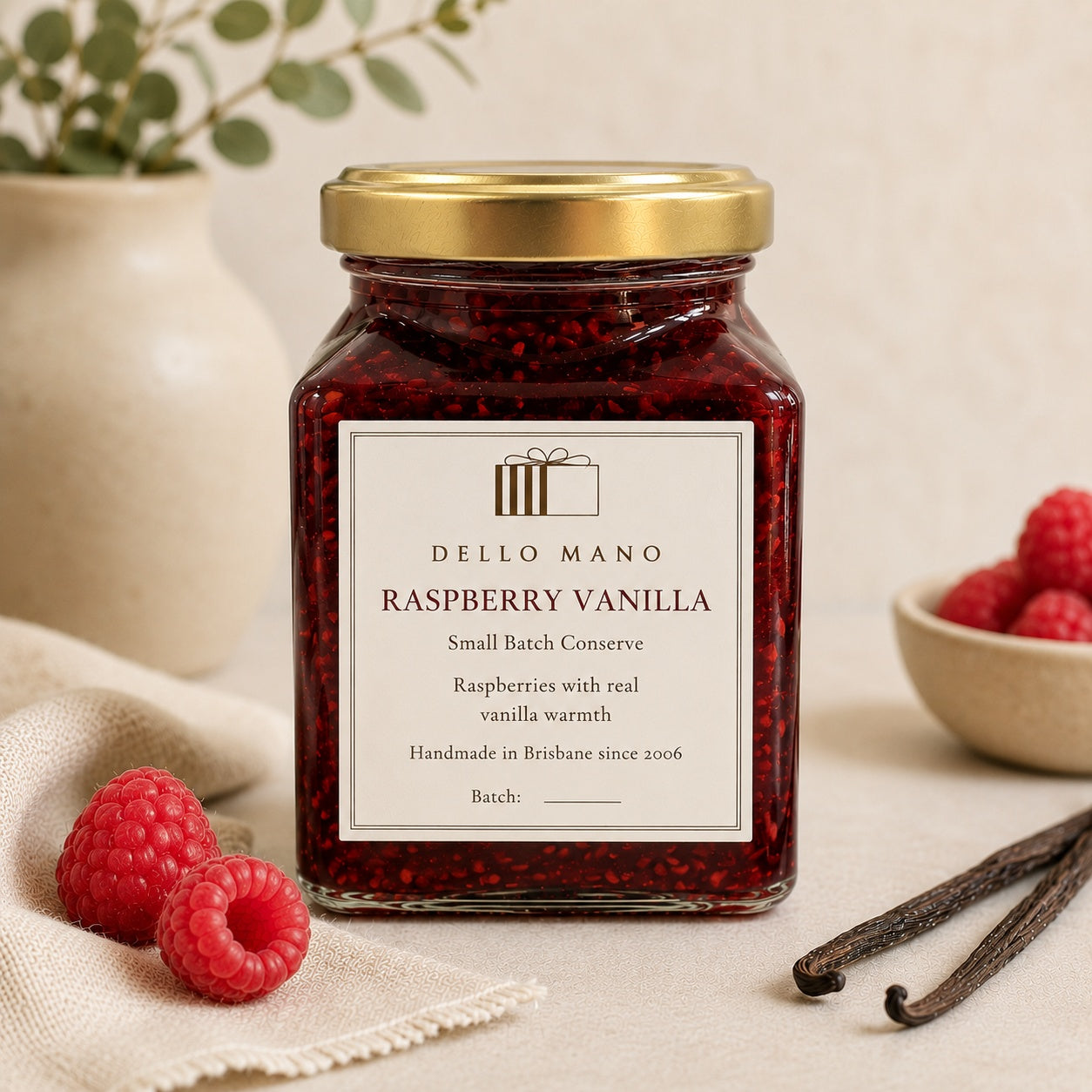 Dello Mano Raspberry Vanilla small-batch conserve, handmade in Brisbane with raspberries and real vanilla.