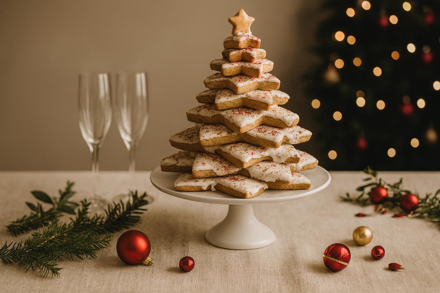 Handmade gingerbread Christmas tree displayed on a festive table with champagne glasses, red and gold decorations, and greenery on a linen cloth