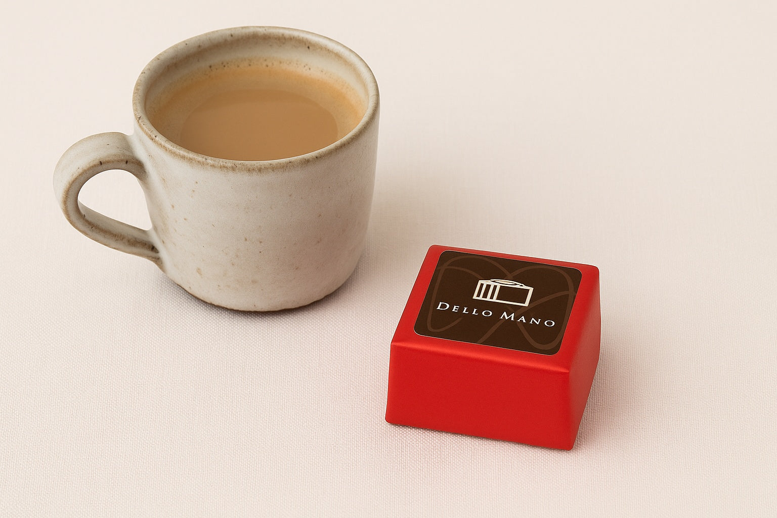 Dello Mano Gluten-Friendly Brownie Cube wrapped in red foil with branded label, styled on a linen background beside a handmade ceramic cup of coffee