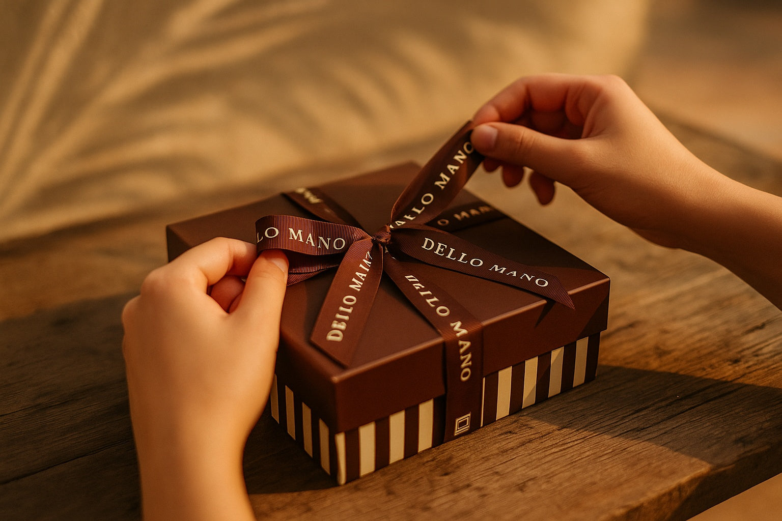 Dello Mano brownie gift box with brown ribbon, captured in soft natural light with a subtle Gold Coast-inspired background, evoking elegance and handmade luxury