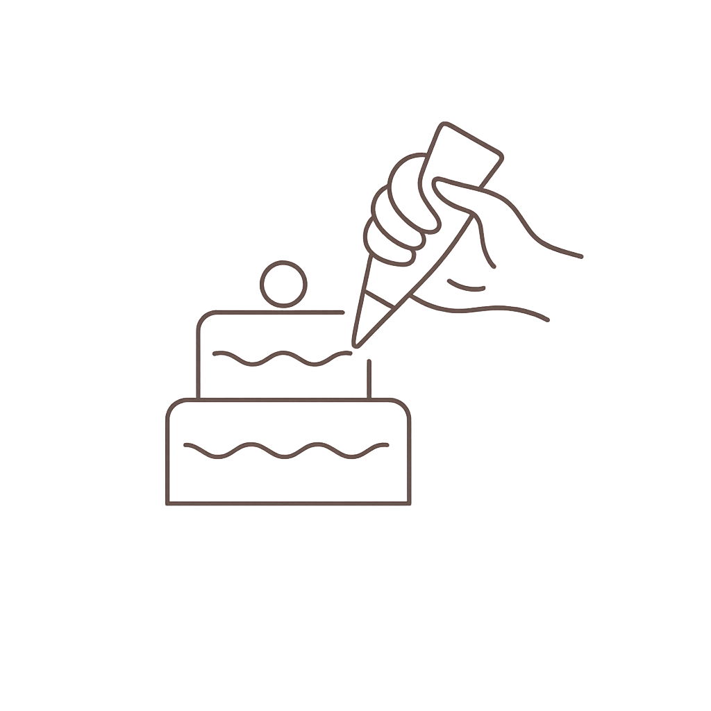 Icon of a hand decorating a cake with a piping bag on transparent background