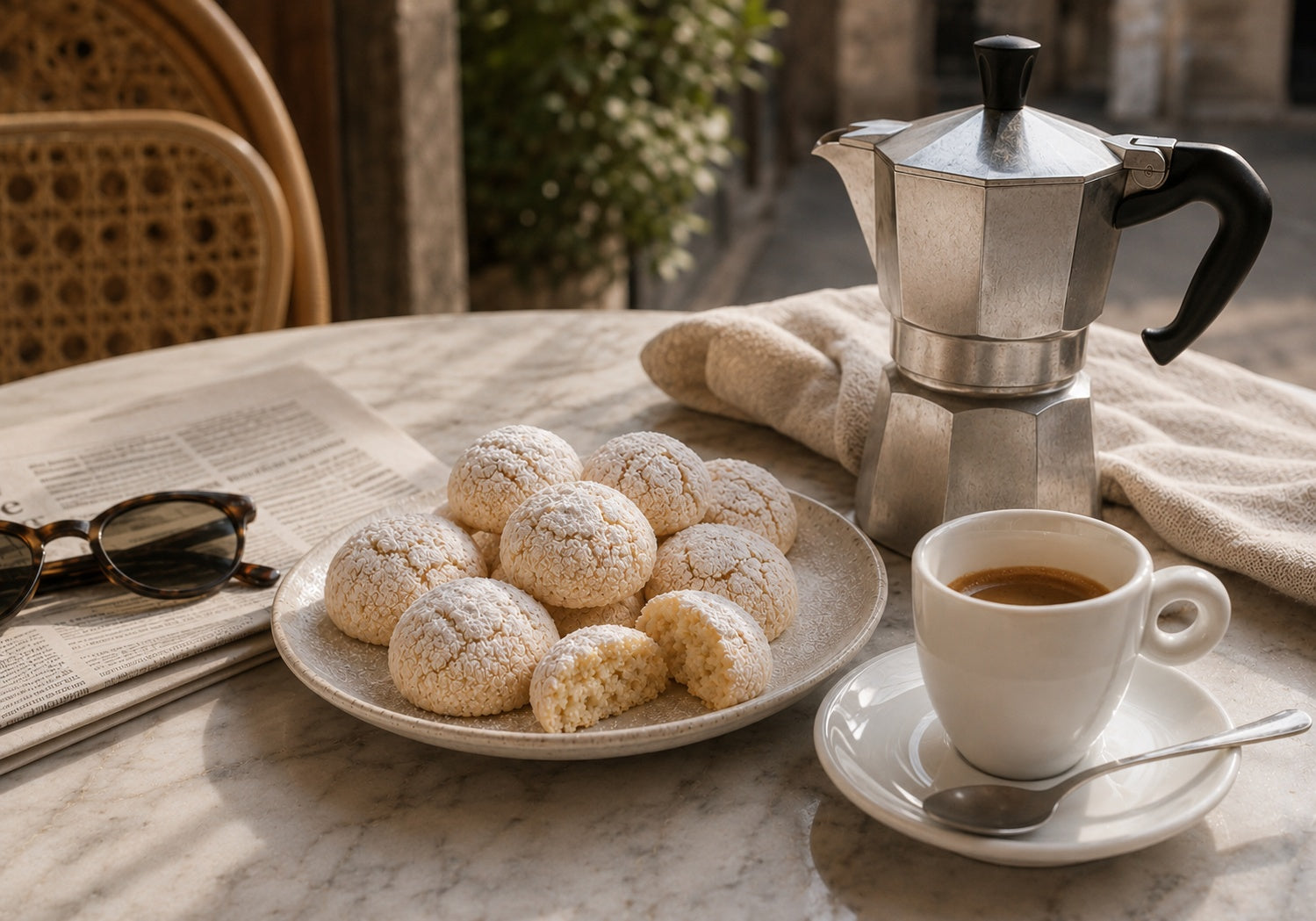 Handmade Italian Amaretti biscuits with soft almond centres, served with espresso and a moka pot in an Italian café-style setting.