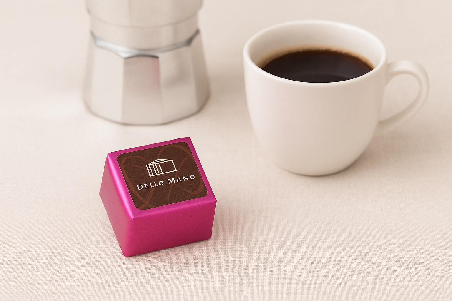 Dello Mano Raspberry Hazelnut Brownie Cube wrapped in pink foil, styled on beige linen with a white coffee cup and stovetop moka pot in the background