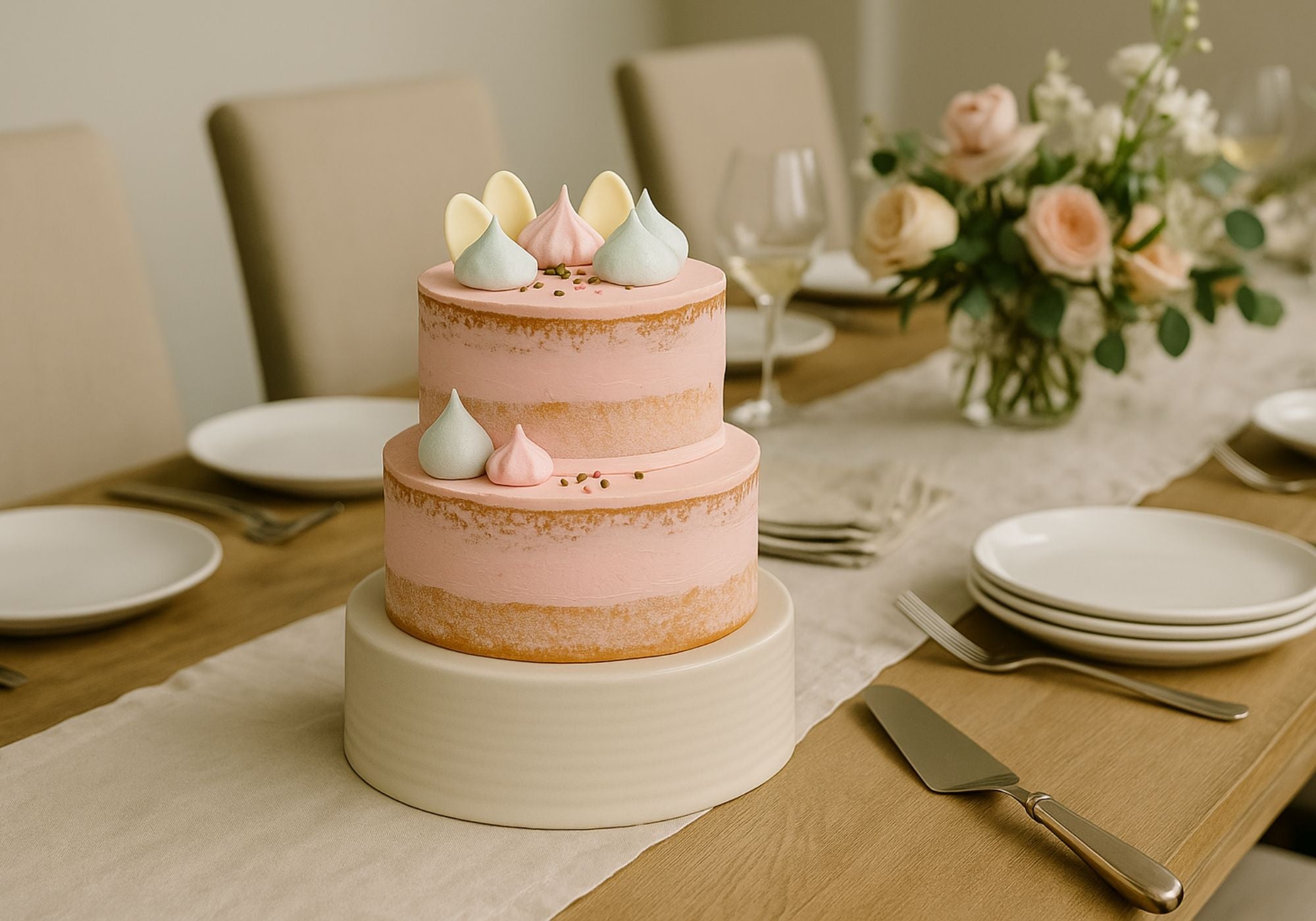 Two tiered Raspberry Milkshake cake on a celebration table with flowers in the background.
