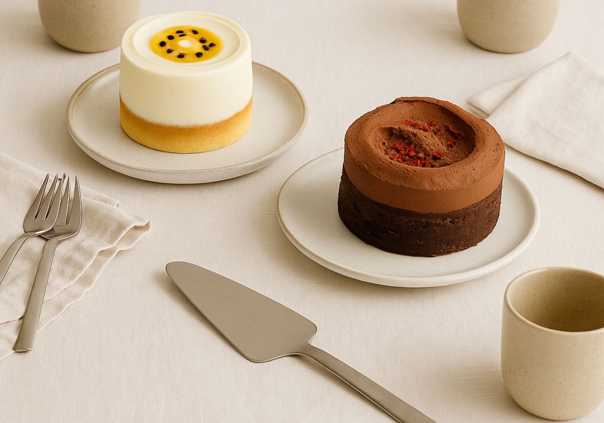 Two handmade small cakes for 4–6 people -chocolate and passionfruit, styled on a neutral table setting with linen, cutlery and ceramic cups.