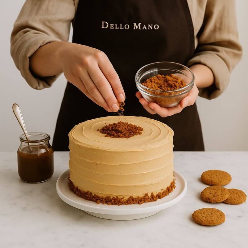 Baker decorating salted caramel cake with biscuit crumbs, Dello Mano apron visible.