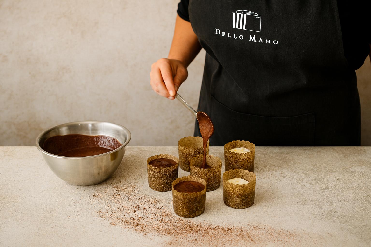 Dello Mano baker in apron filling small paper pans with rich chocolate batter to make handmade bento cakes, cocoa dusted bench, Brisbane