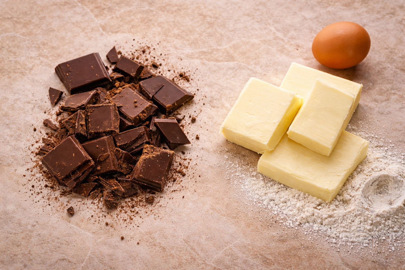 Premium brownie ingredients including Belgian chocolate, butter, egg and flour on a soft marble surface
