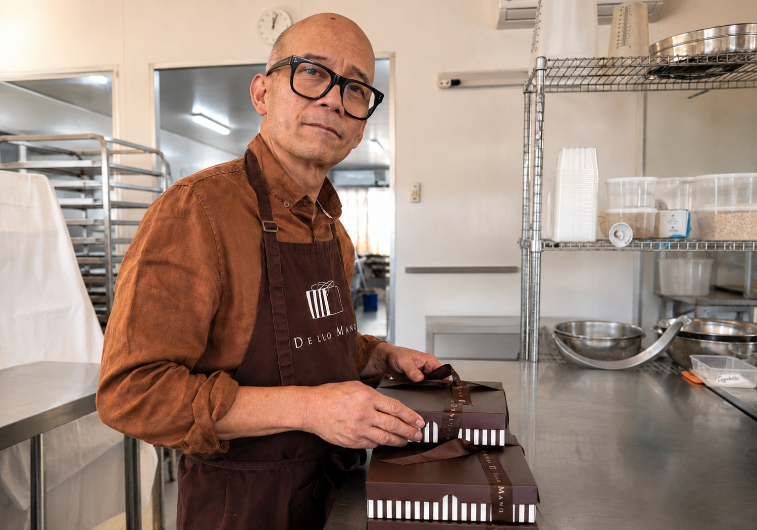 Bien Peralta in the Dello Mano kitchen wearing a branded apron and preparing ribboned brownie gift boxes on a stainless-steel bench.