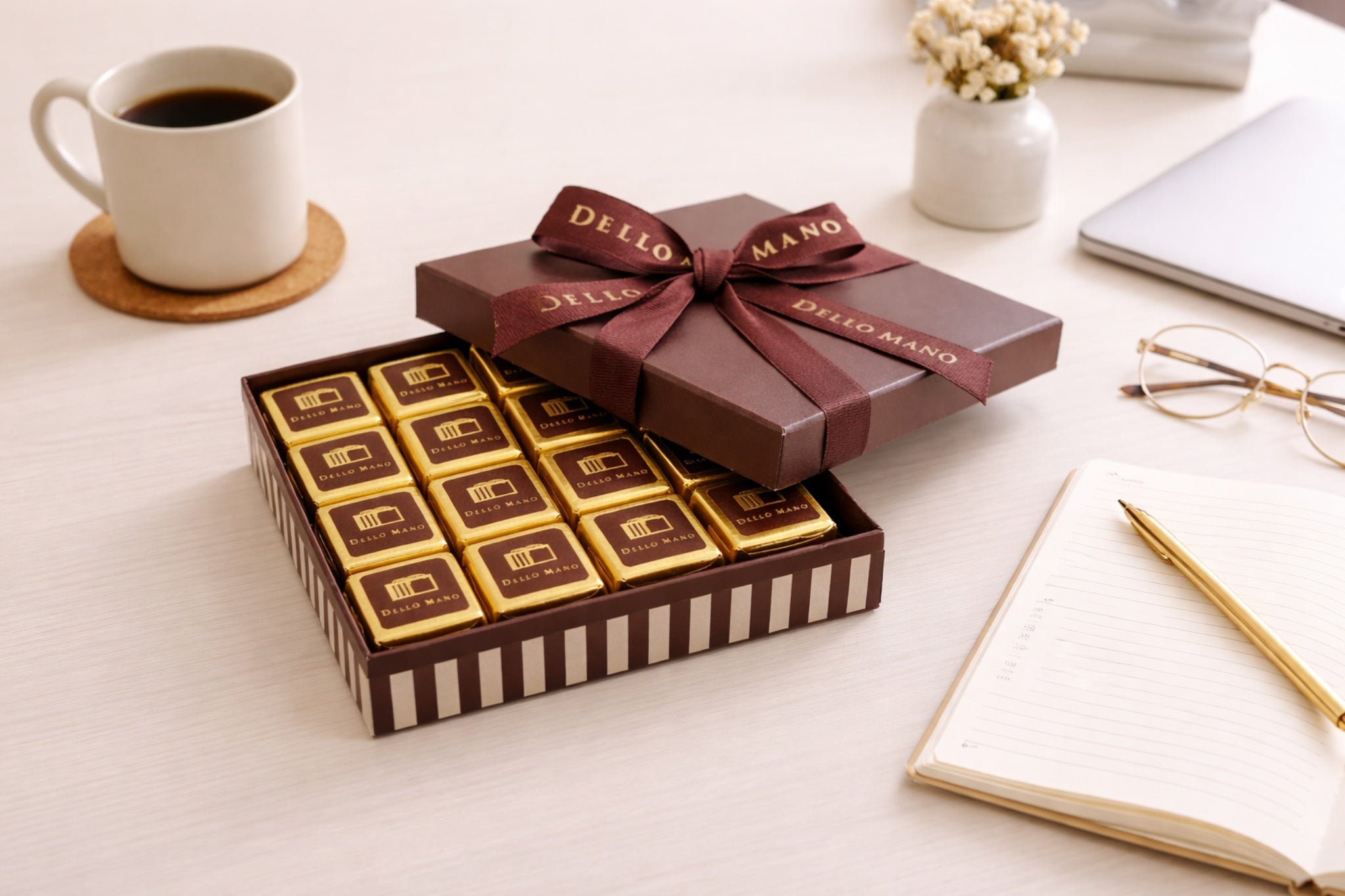 Birthday brownie gifts Australia – Dello Mano brownie gift box styled on a clean desk, ideal for colleagues, clients and thoughtful celebrations