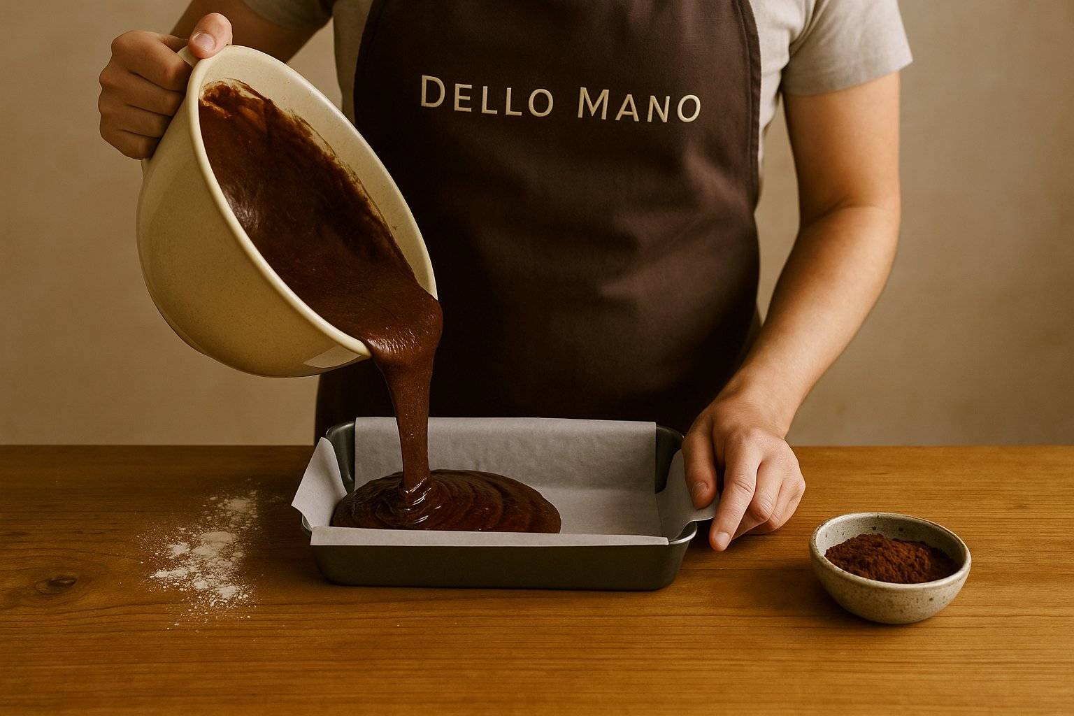 Baker in a Dello Mano apron pouring glossy chocolate brownie batter into a lined tin on a wooden bench top