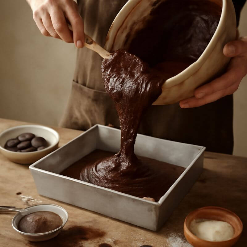 hands holding bowl and pouring chocolate batter into a brownie baking tin