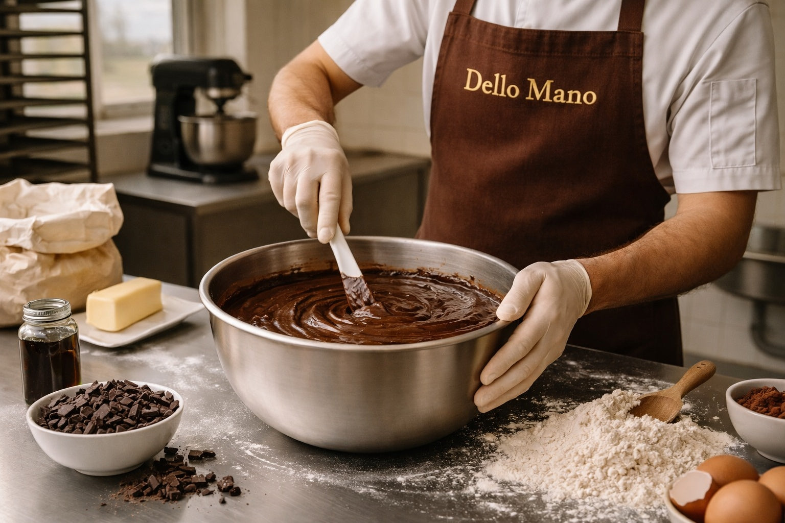 Brownie batter being mixed by a chef in a Dello Mano apron, showing small batch handmade preparation