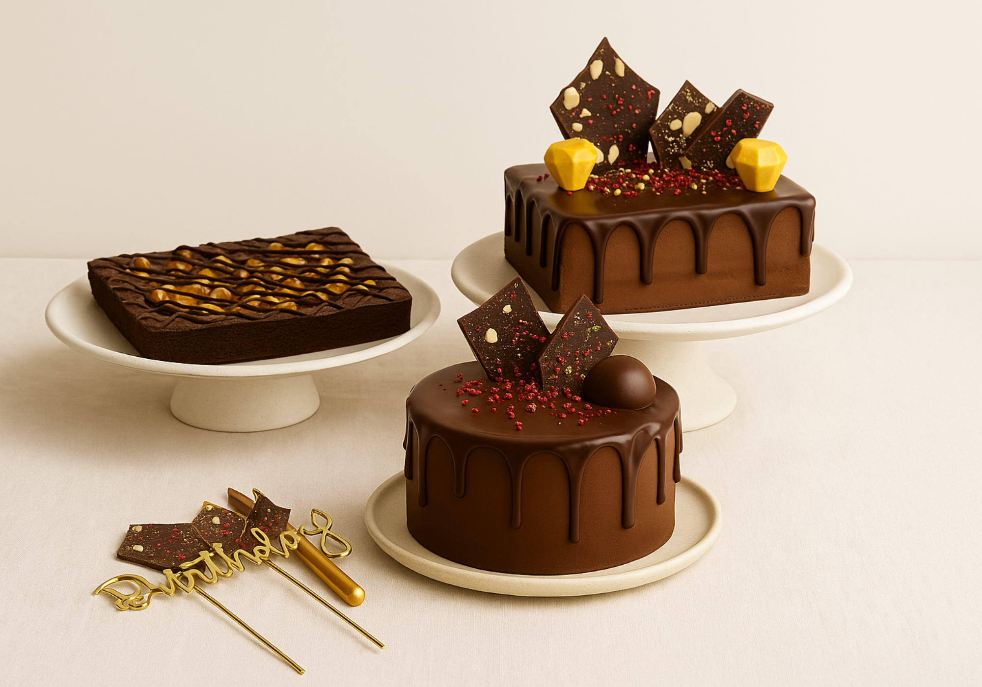 Brownie cakes with decorative elements on white stands against a light background