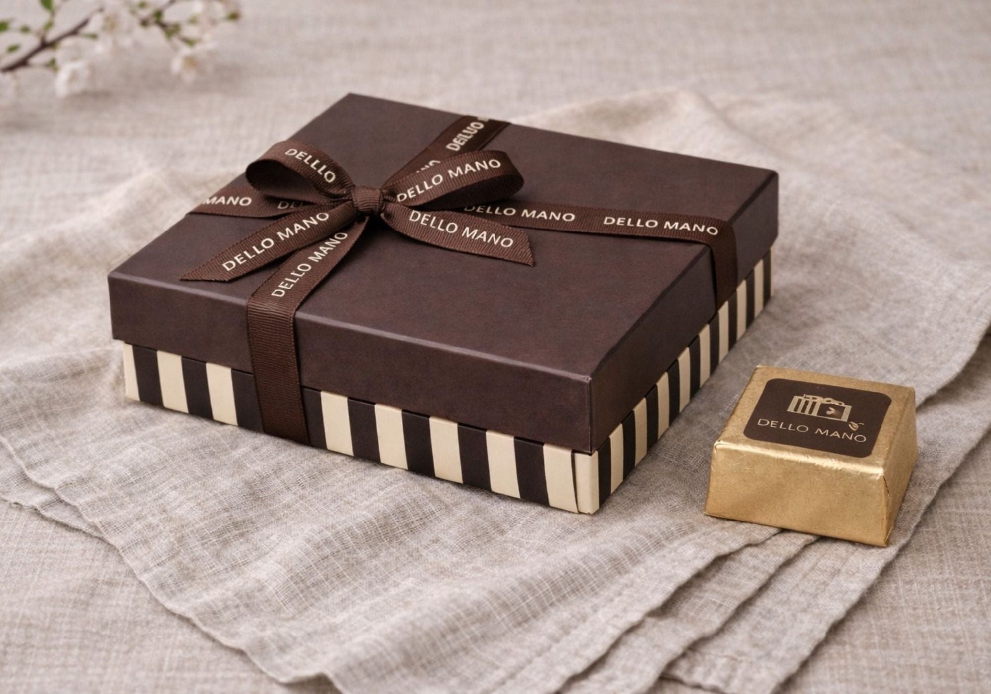 Luxury brownie gift box with Dello Mano ribbon, presented on natural linen for gifting