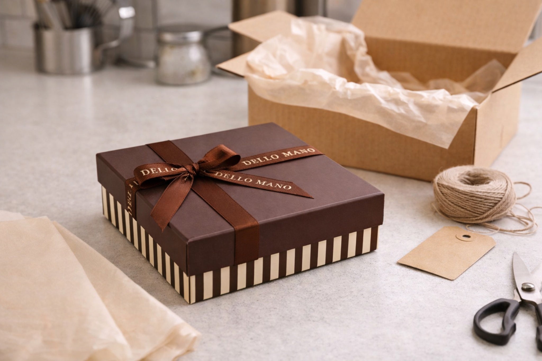 Luxury brownie gift box on a kitchen bench ready to be packed for delivery across Australia