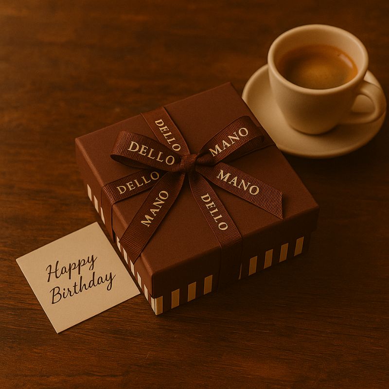 Chocolate brownie gift box with 'Happy Birthday' card and coffee cup on wooden surface